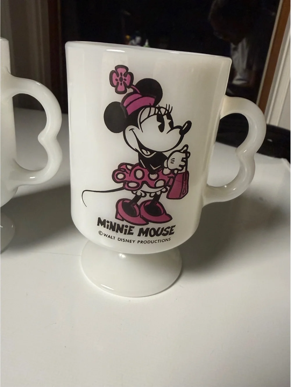 Vintage Disney Mickey Minnie Mouse Milk Glass Pedestal Mugs USA Set of 2